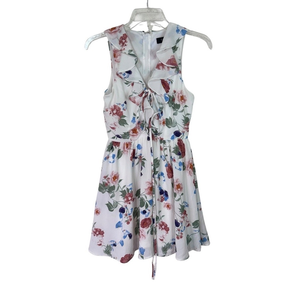 Trac‎ Floral Knee Length Dress S White Floral Zip Lined V-Neck Sleeveless Ruffle
